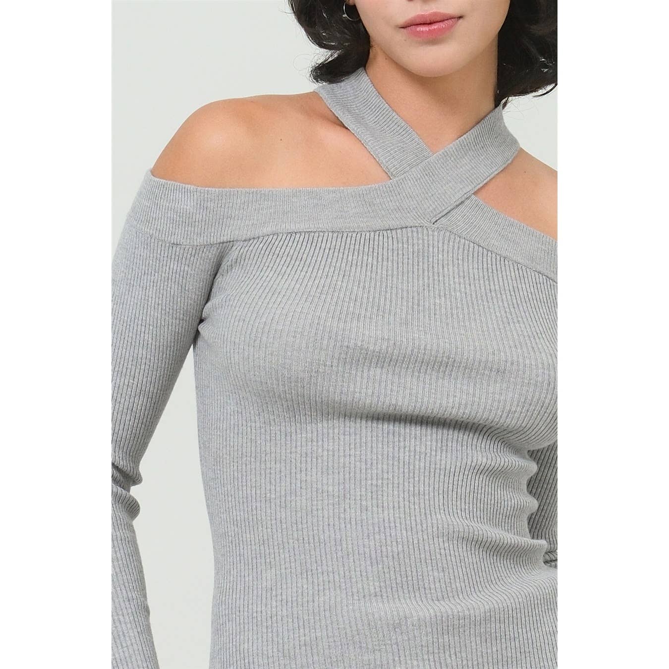 Heather Gray Ribbed Knit Halter Off the Shoulder Top