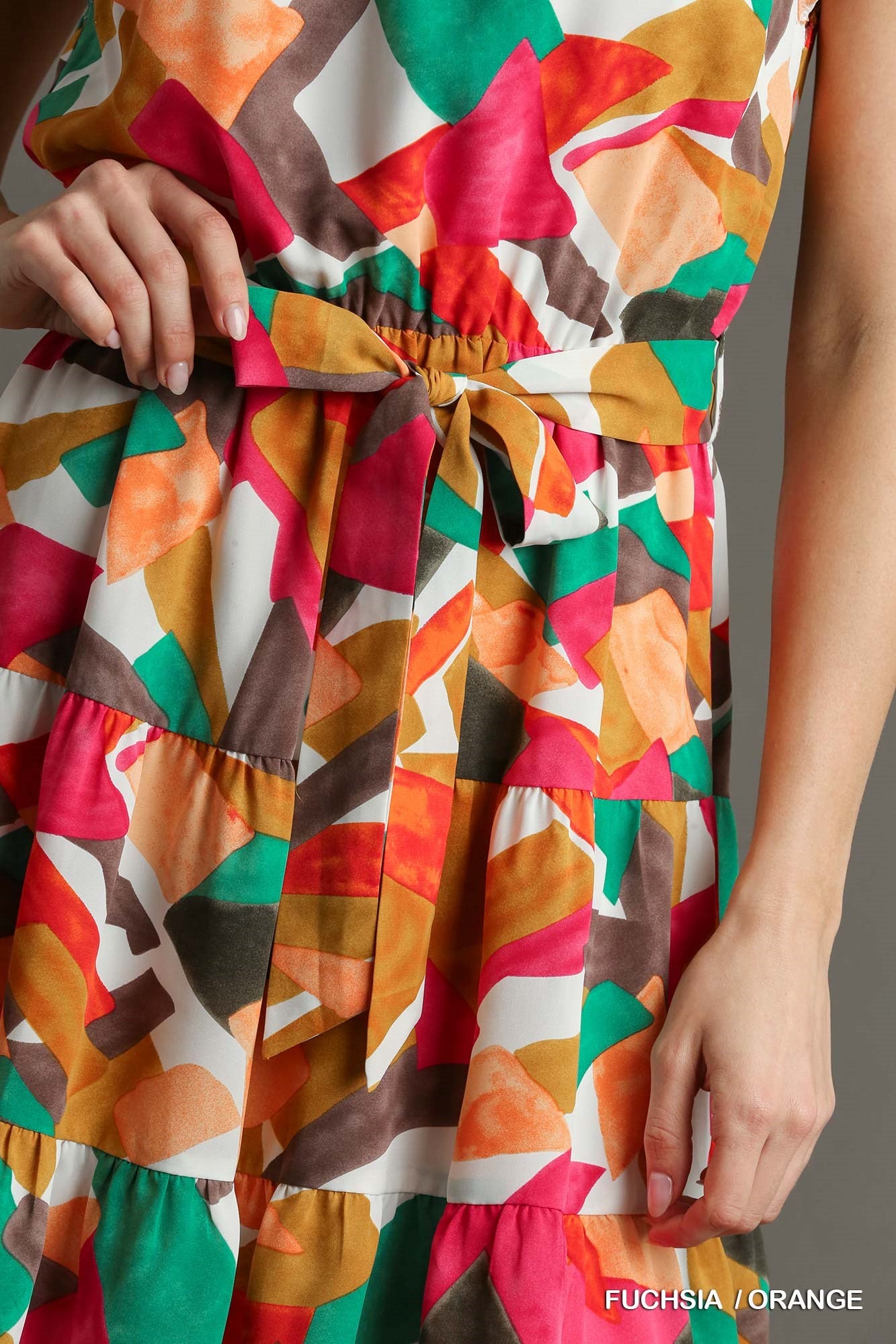 Abstract Print Round Neck Tiered Dress