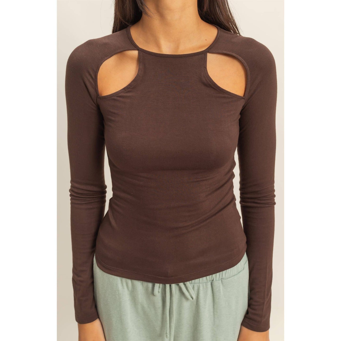 Dark Chocolate Cutout Long Sleeve Top