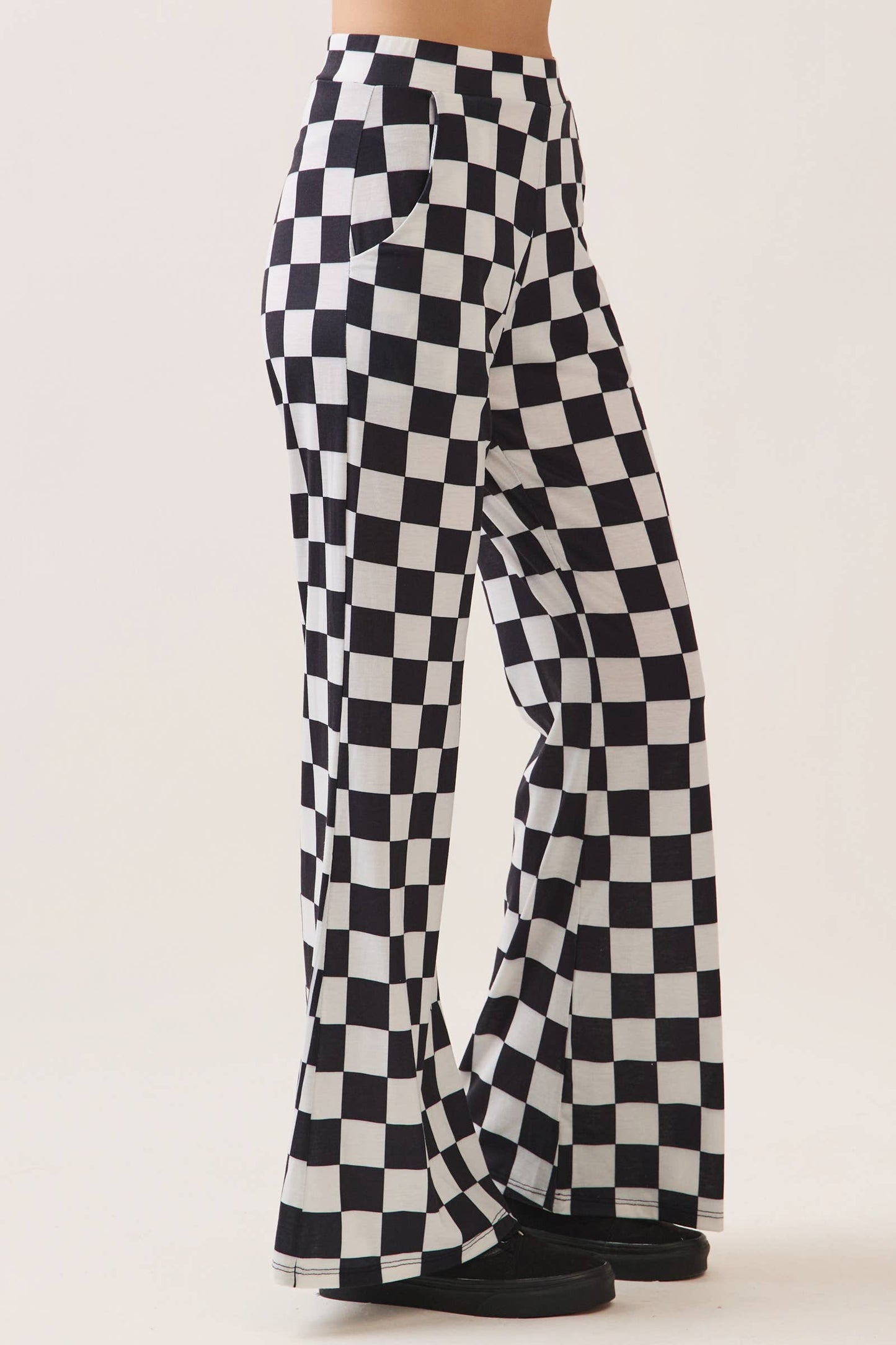 White and Black Checkered Flared Pants