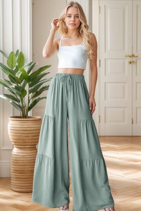 EP6840-10 OVER WIDE LEG SOLID PANTS: DUSTY SAGE / 2-2-2 (S-M-L)