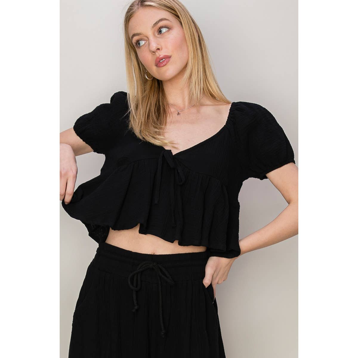 Black Tie-back Peplum Top