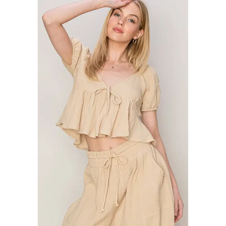 Beige Tie-back Peplum Top