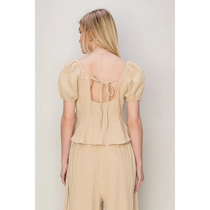 Beige Tie-back Peplum Top