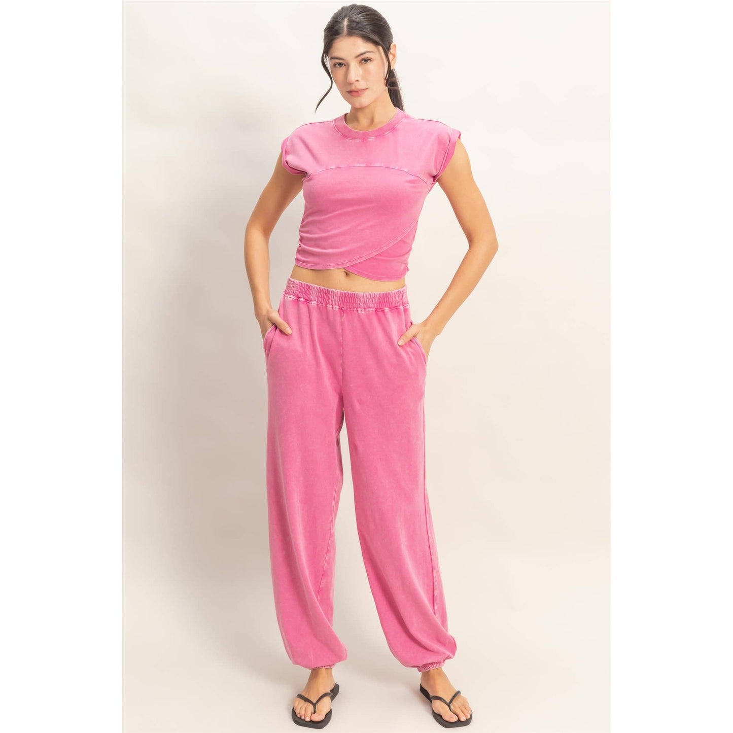 Rolled Sleeve Wrap-Front Crop Top And Jogger Set
