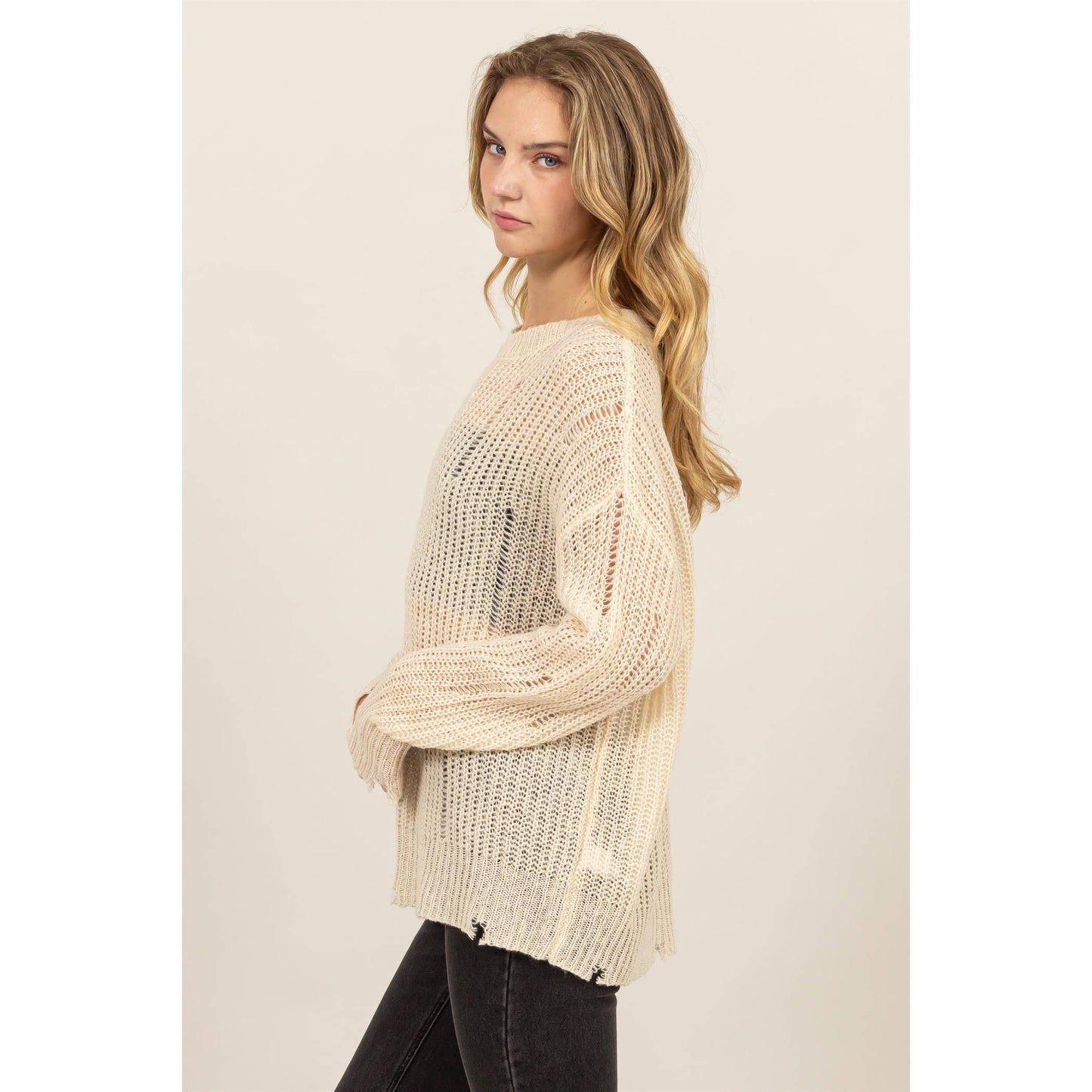 Beige Distressed Knit Sweater