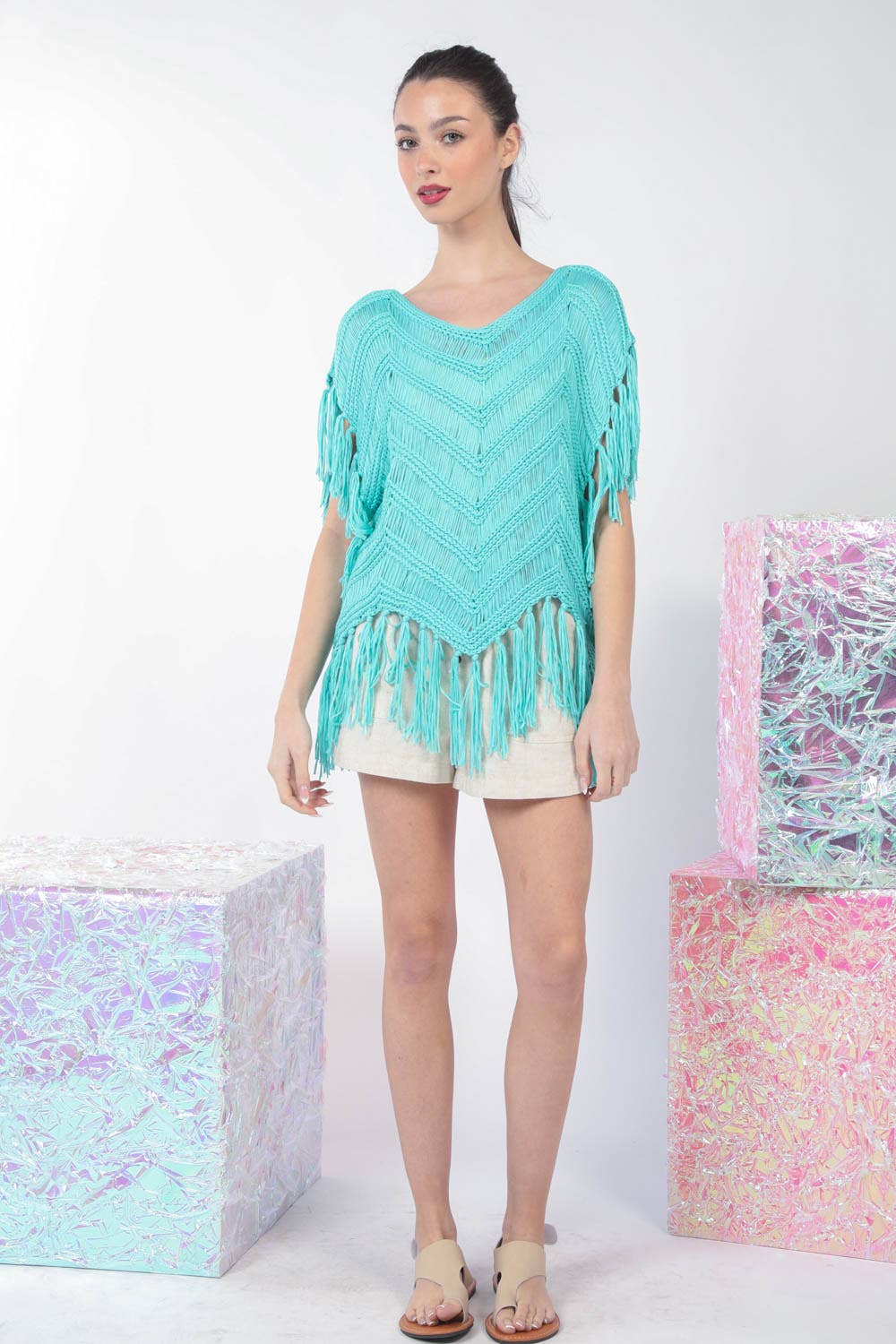 12W3006N-Fringe Detail Oversized Sweater Top