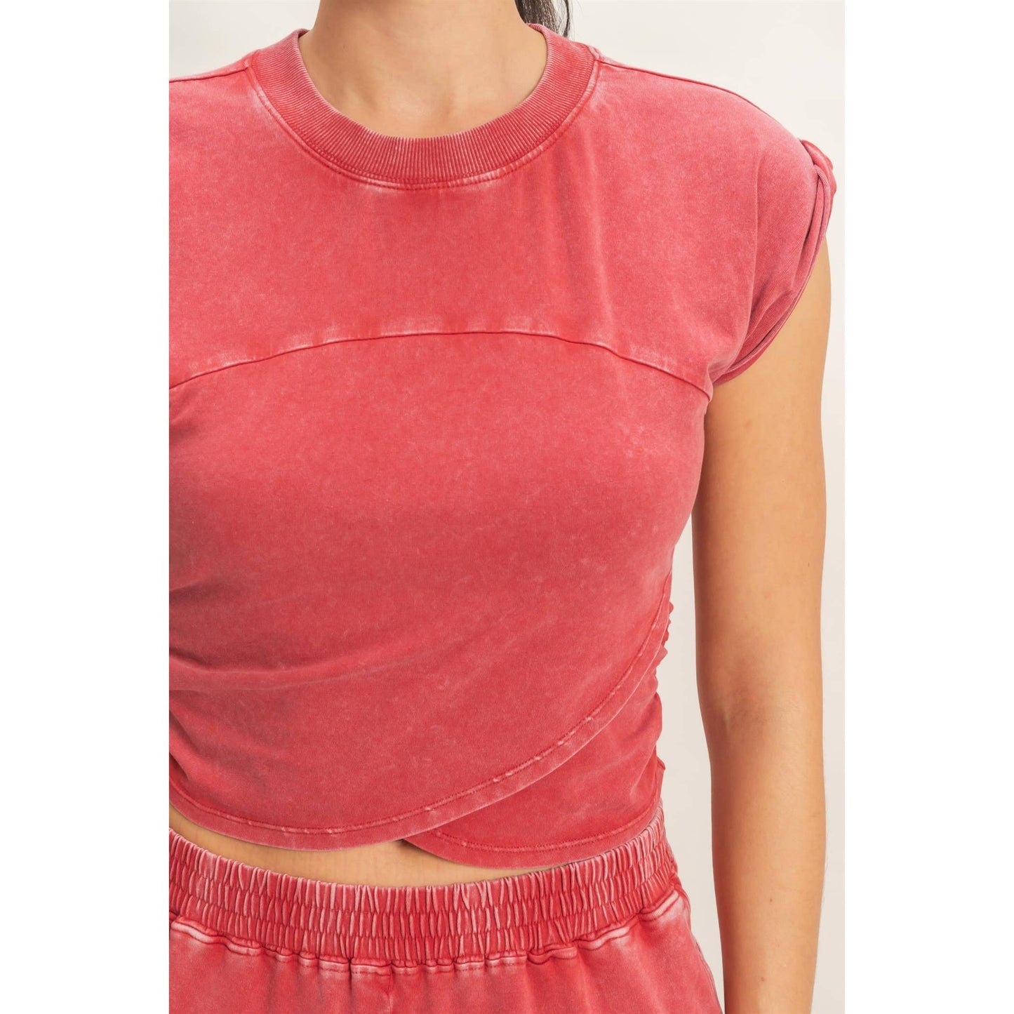 Rolled Sleeve Wrap-Front Crop Top And Jogger Set