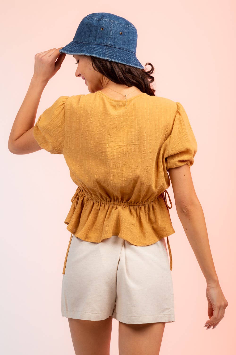 Crinkled V Neck Peplum Blouse