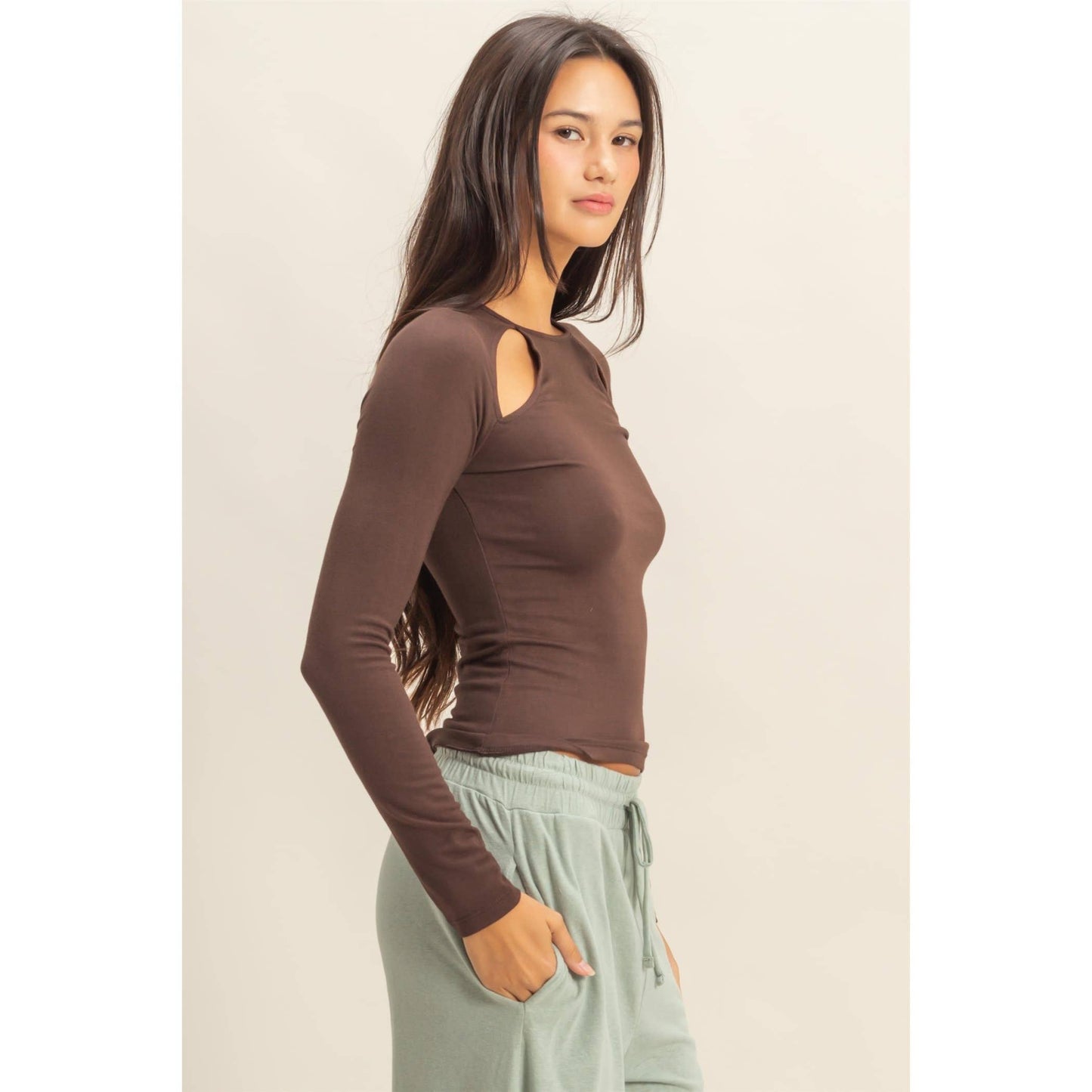 Dark Chocolate Cutout Long Sleeve Top