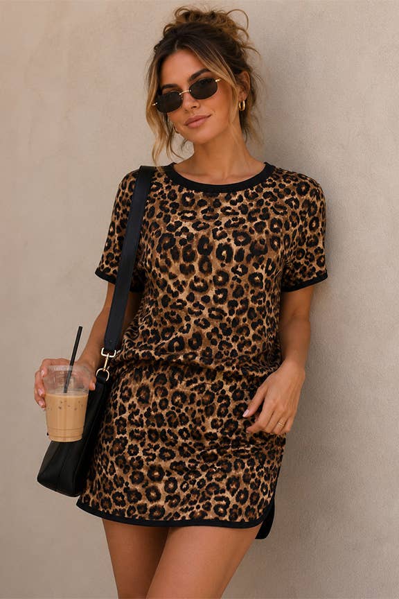 Leopard Print Ringer Tee & Skort Set