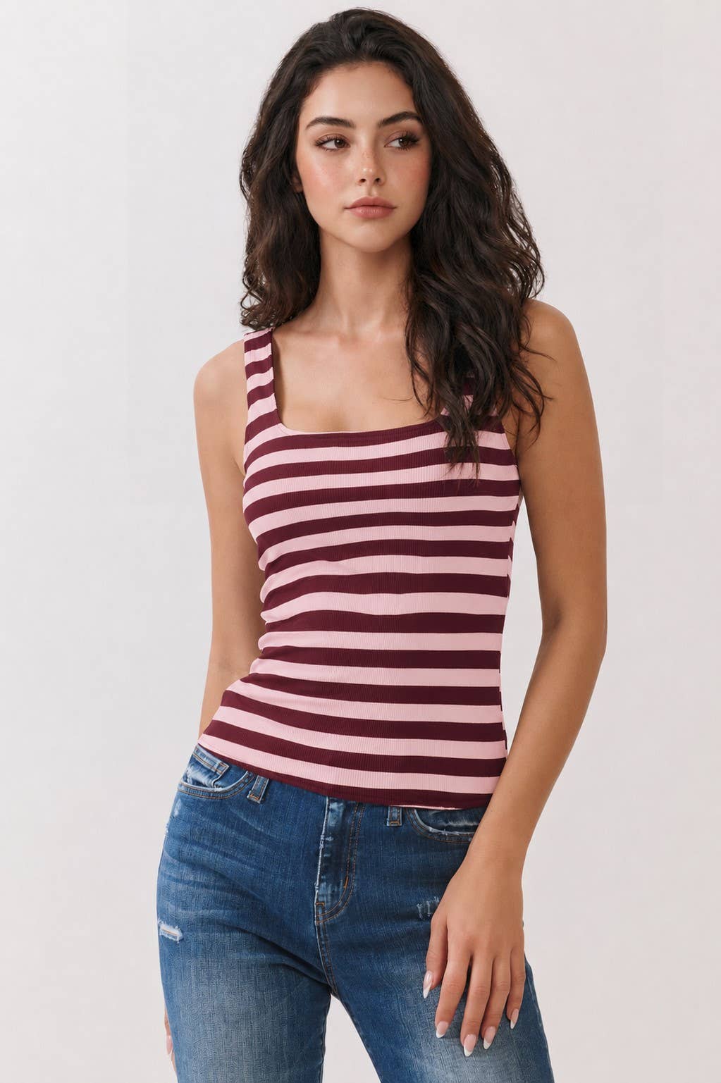 RK57097S - Y/D STRIPE DOUBLE SCOOP NK RIBBED TANK WITH BRA P