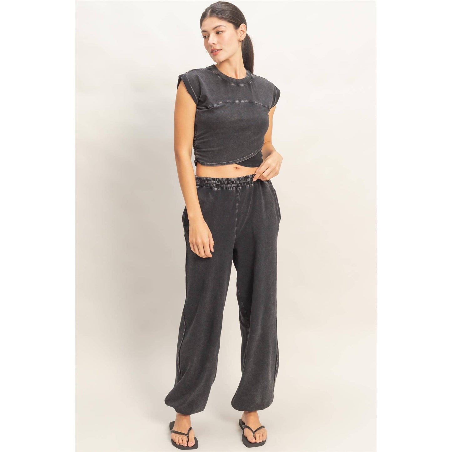 Rolled Sleeve Wrap-Front Crop Top And Jogger Set