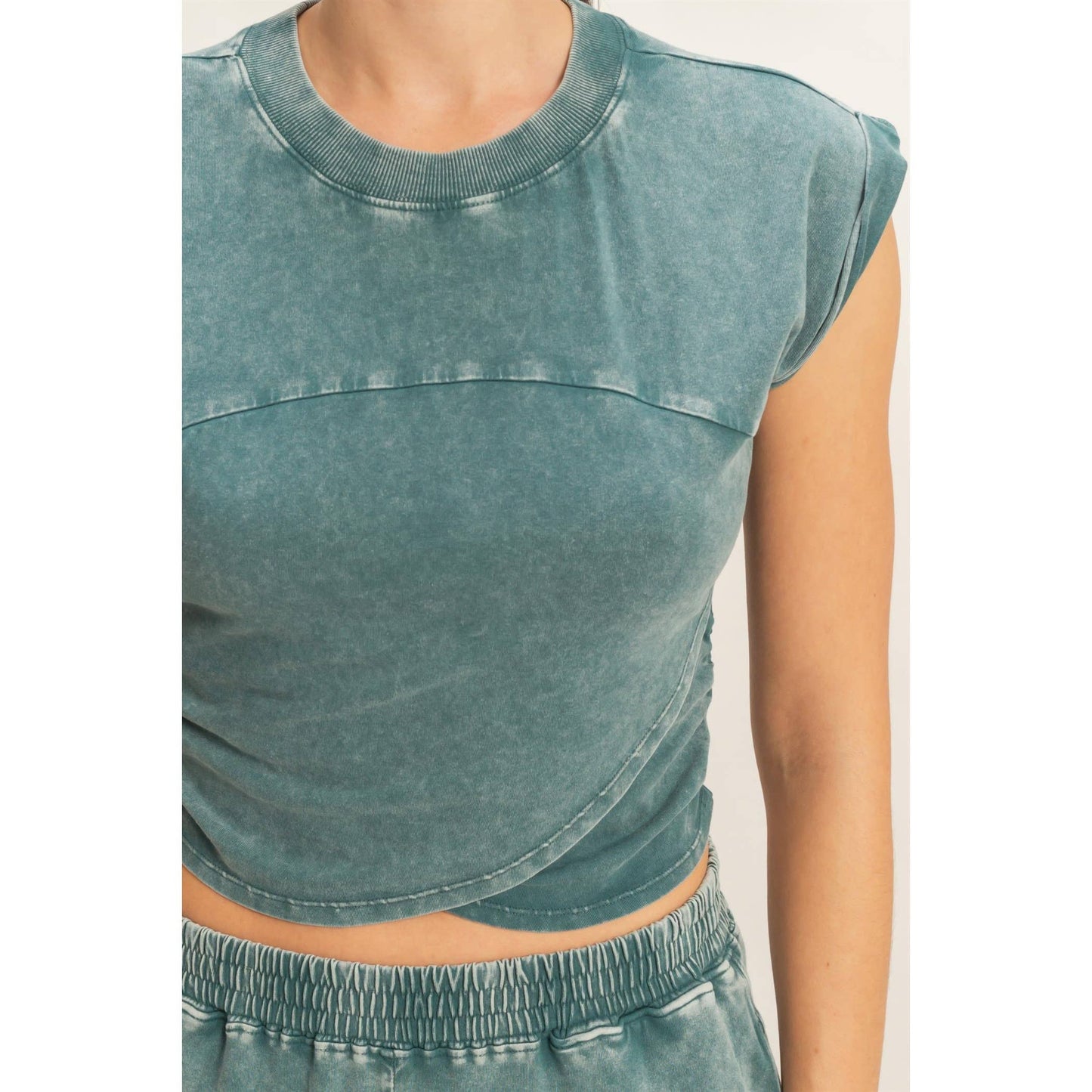 Rolled Sleeve Wrap-Front Crop Top And Jogger Set