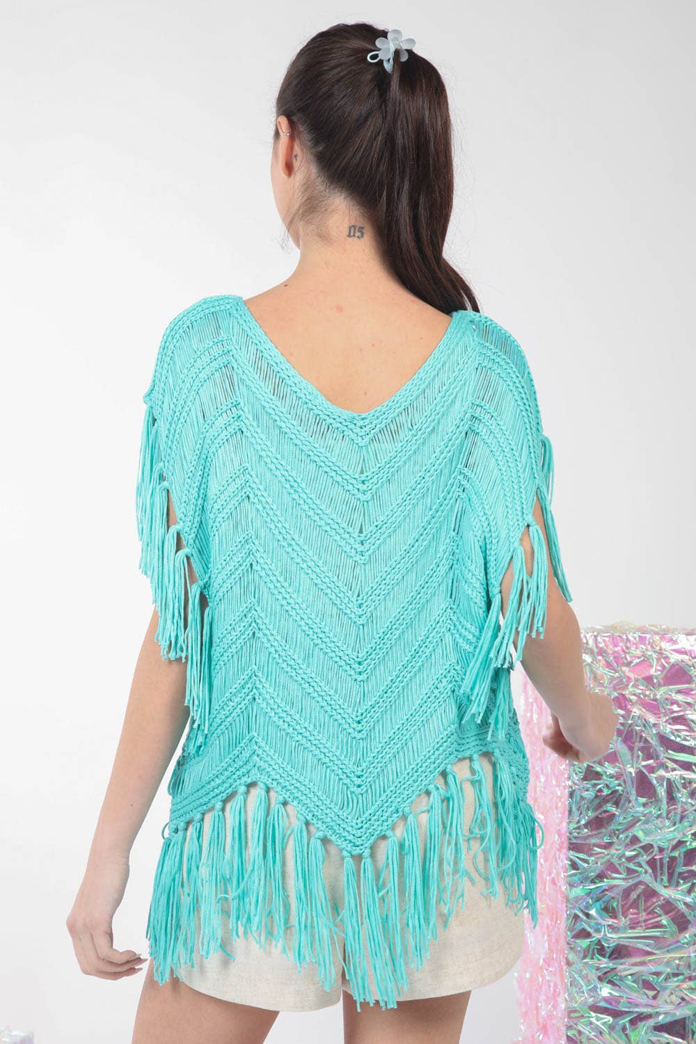12W3006N-Fringe Detail Oversized Sweater Top