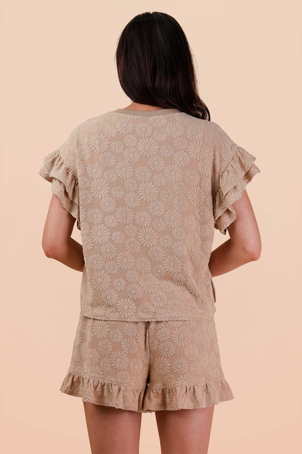 Floral Textured Ruffled Knit Top & Shorts Set