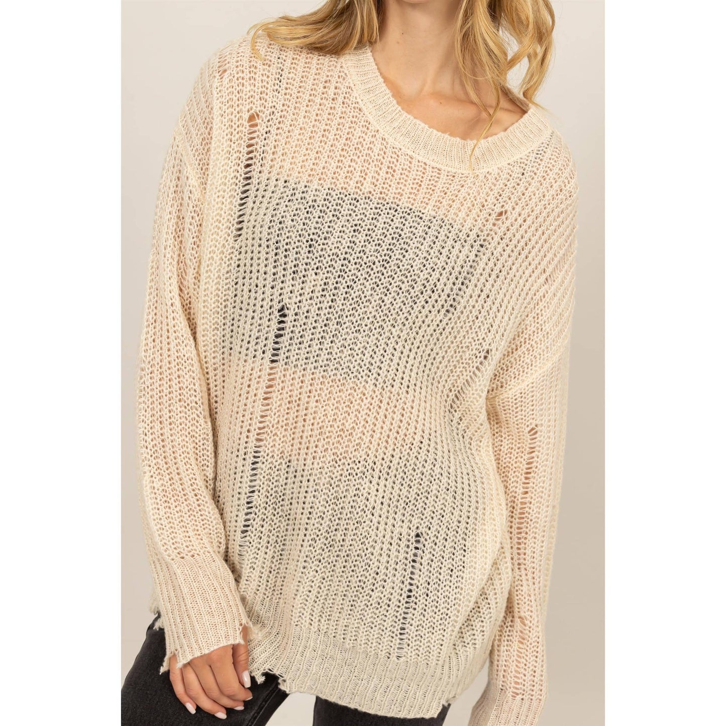 Beige Distressed Knit Sweater