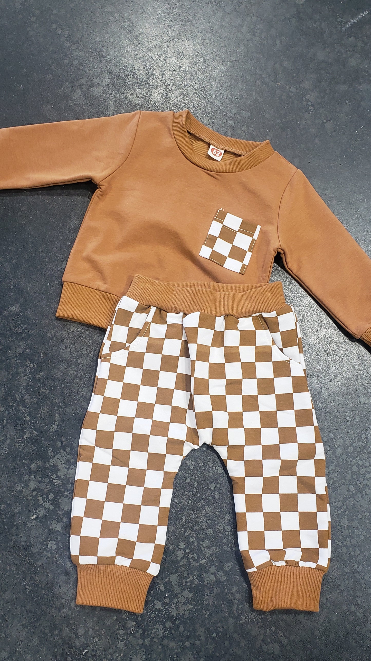 Tan and White Checkered Two Piece Jogger Set