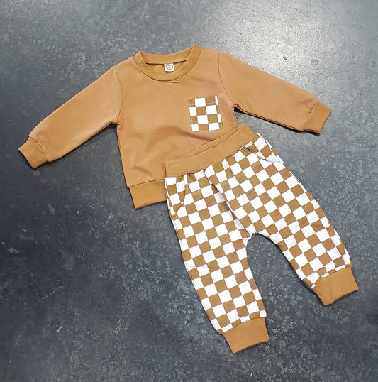 Tan and White Checkered Two Piece Jogger Set