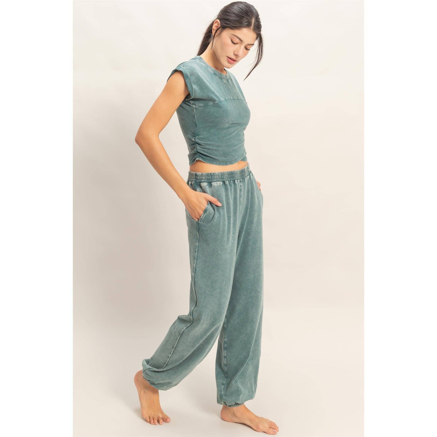 Rolled Sleeve Wrap-Front Crop Top And Jogger Set