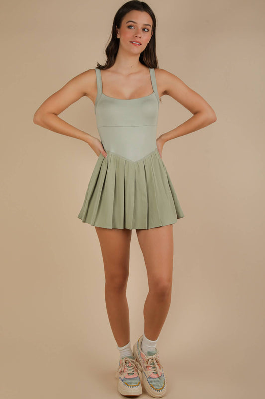 Sage Pleated Skirt Activewear Dress with Shorts