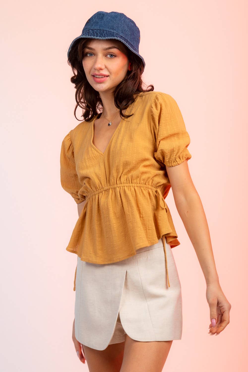 Crinkled V Neck Peplum Blouse