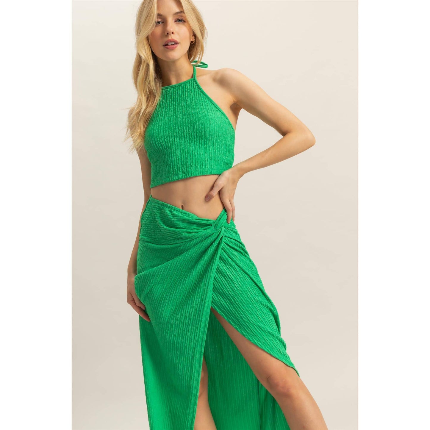 HF25A412-SET-Knit Halter Top And Knotted Skirt Set