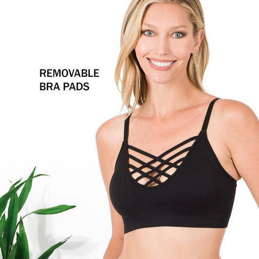 '..._ FRONT V-LATTICE, ADJUSTABLE STRAPS BRALETTE W/ PADS