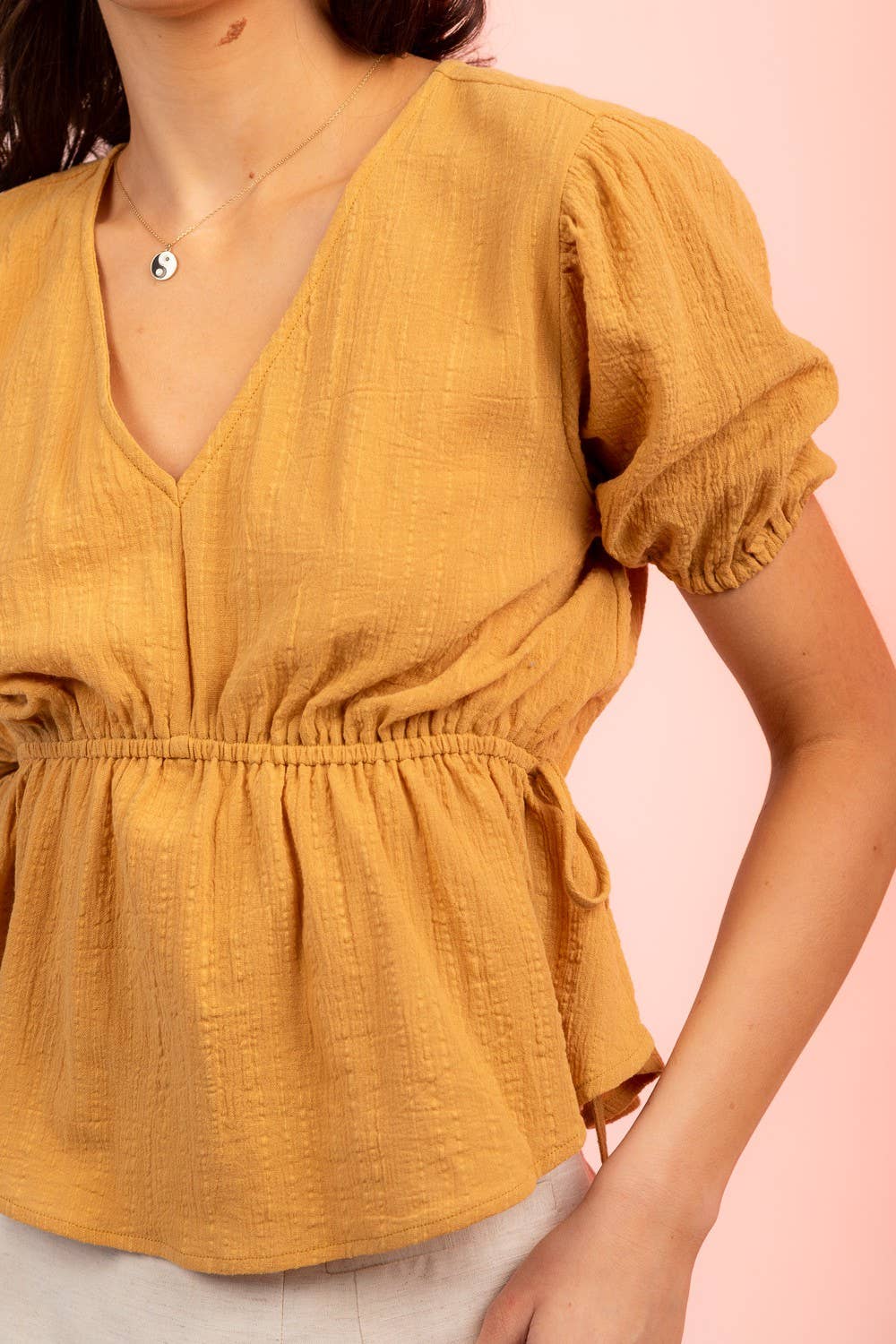 Crinkled V Neck Peplum Blouse