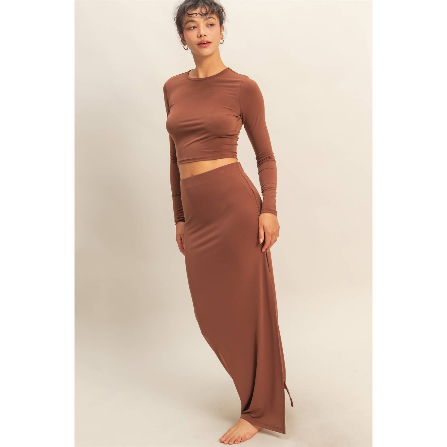 Long Sleeve Crop Top And High Slit Maxi Skirt Set