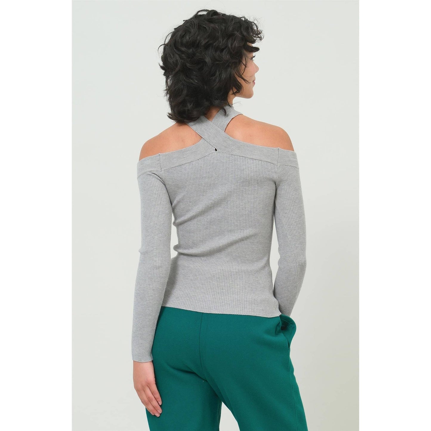 Heather Gray Ribbed Knit Halter Off the Shoulder Top