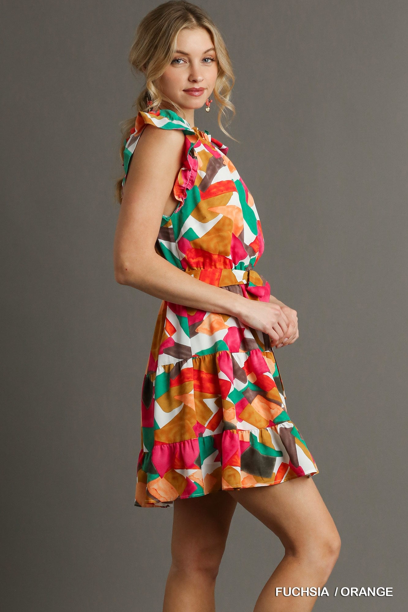 Abstract Print Round Neck Tiered Dress