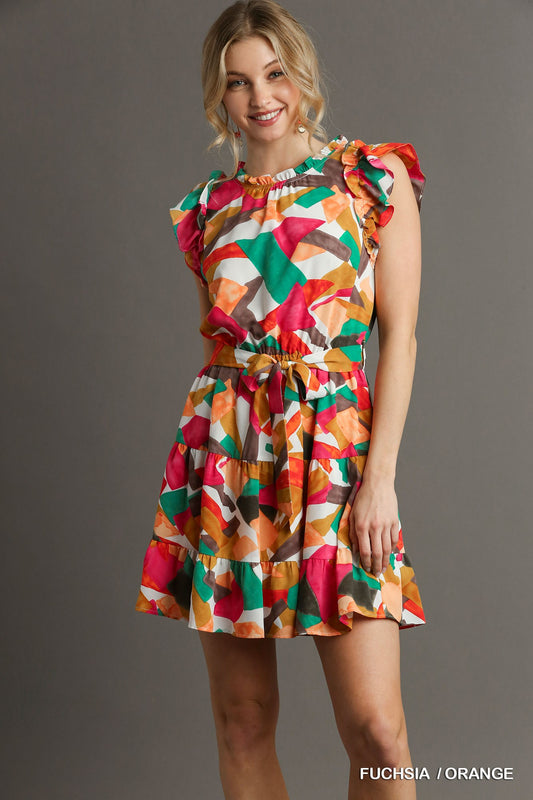 Abstract Print Round Neck Tiered Dress