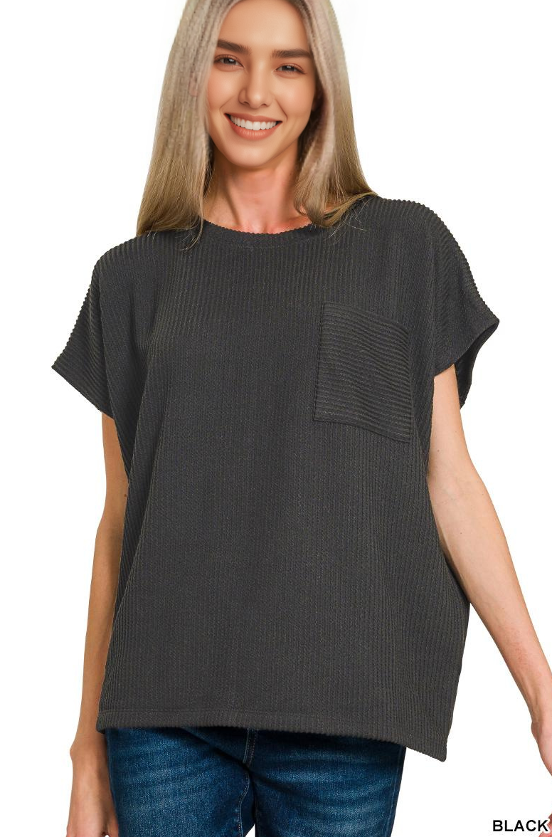 `Raised Rib Front Pocket Boxy Top Zenana
