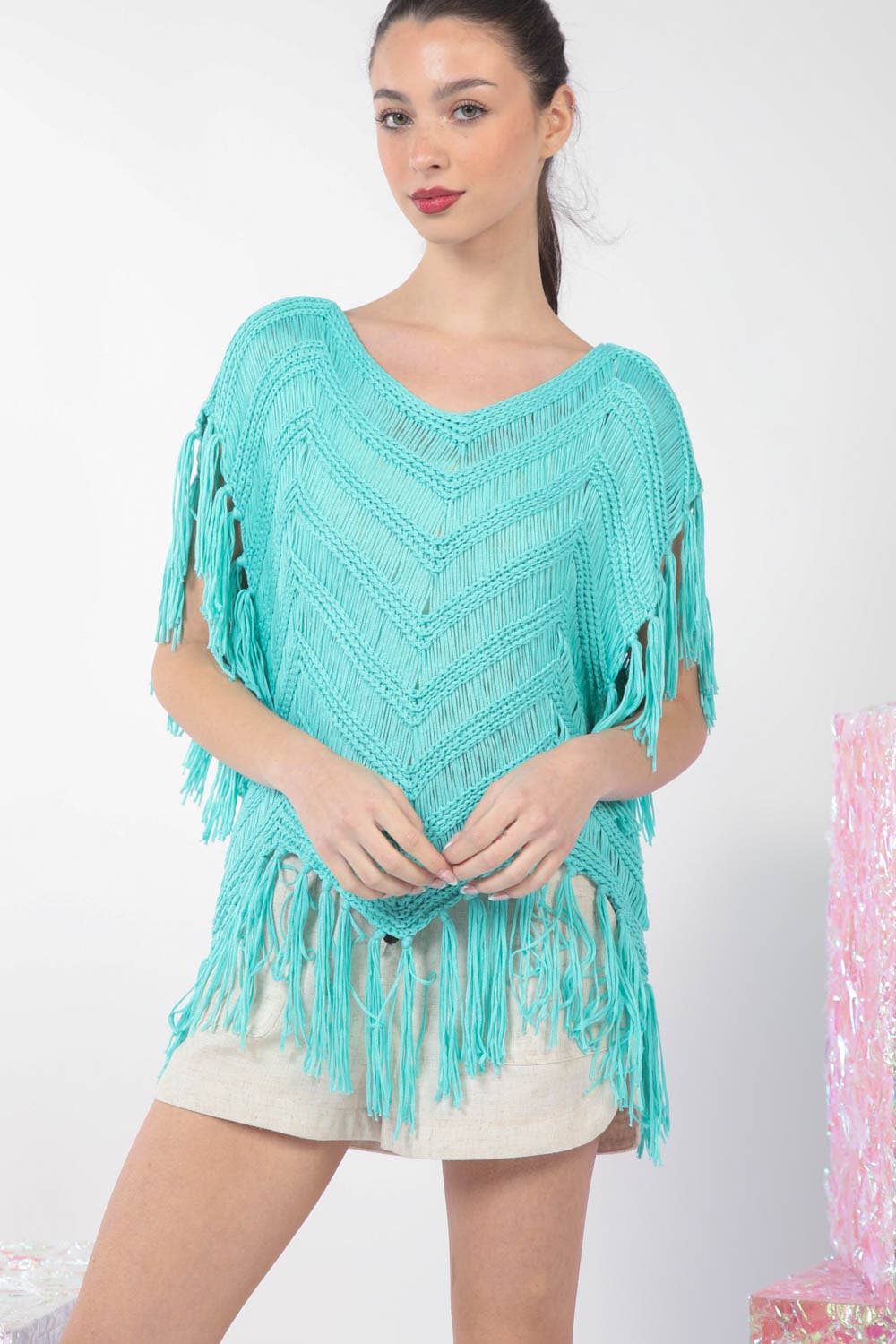12W3006N-Fringe Detail Oversized Sweater Top