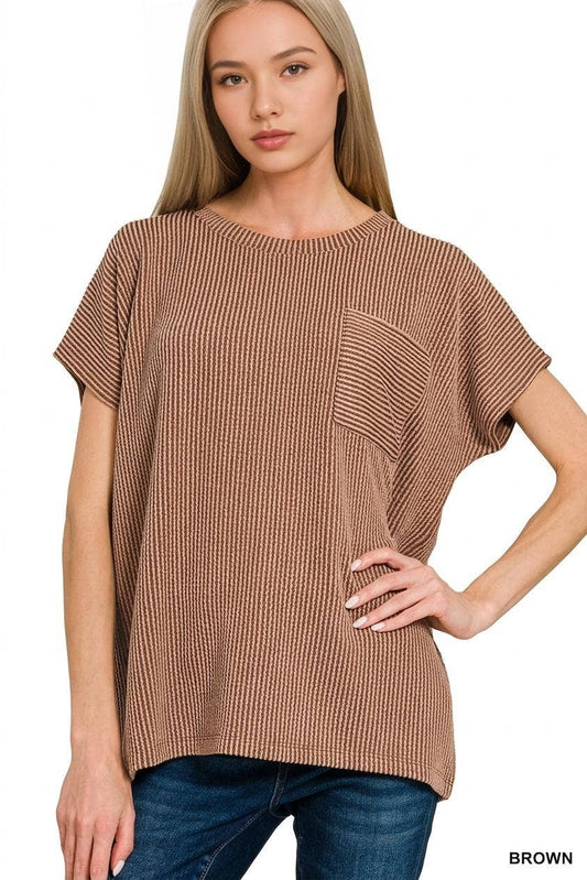 `Raised Rib Front Pocket Boxy Top Zenana