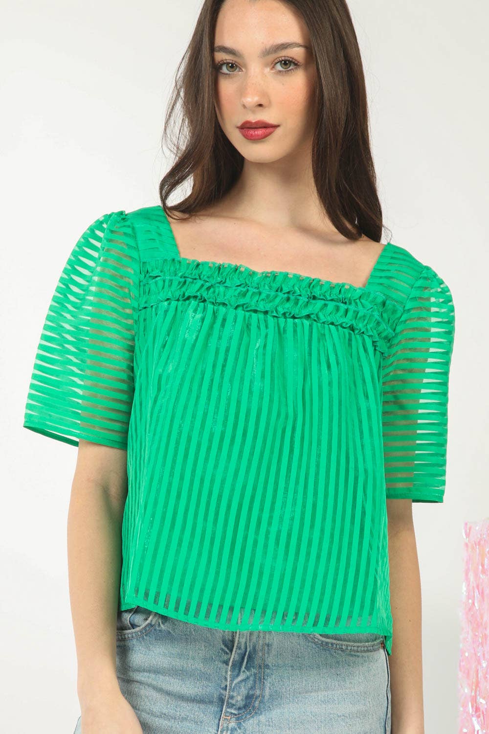 Puff Sleeve Organza Stripe Sheer Blouse Top