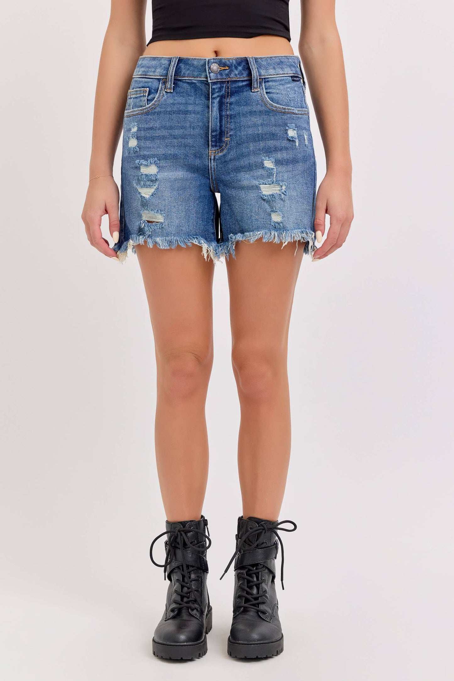 Cello Boyfriend Shorts with Uneven Fray Hem Dark