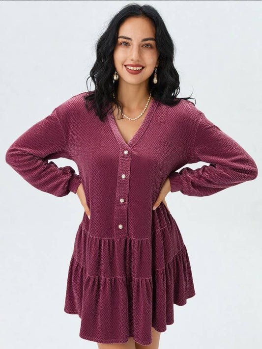 Tiered Textured Woven Holiday Velvet Mini Dress