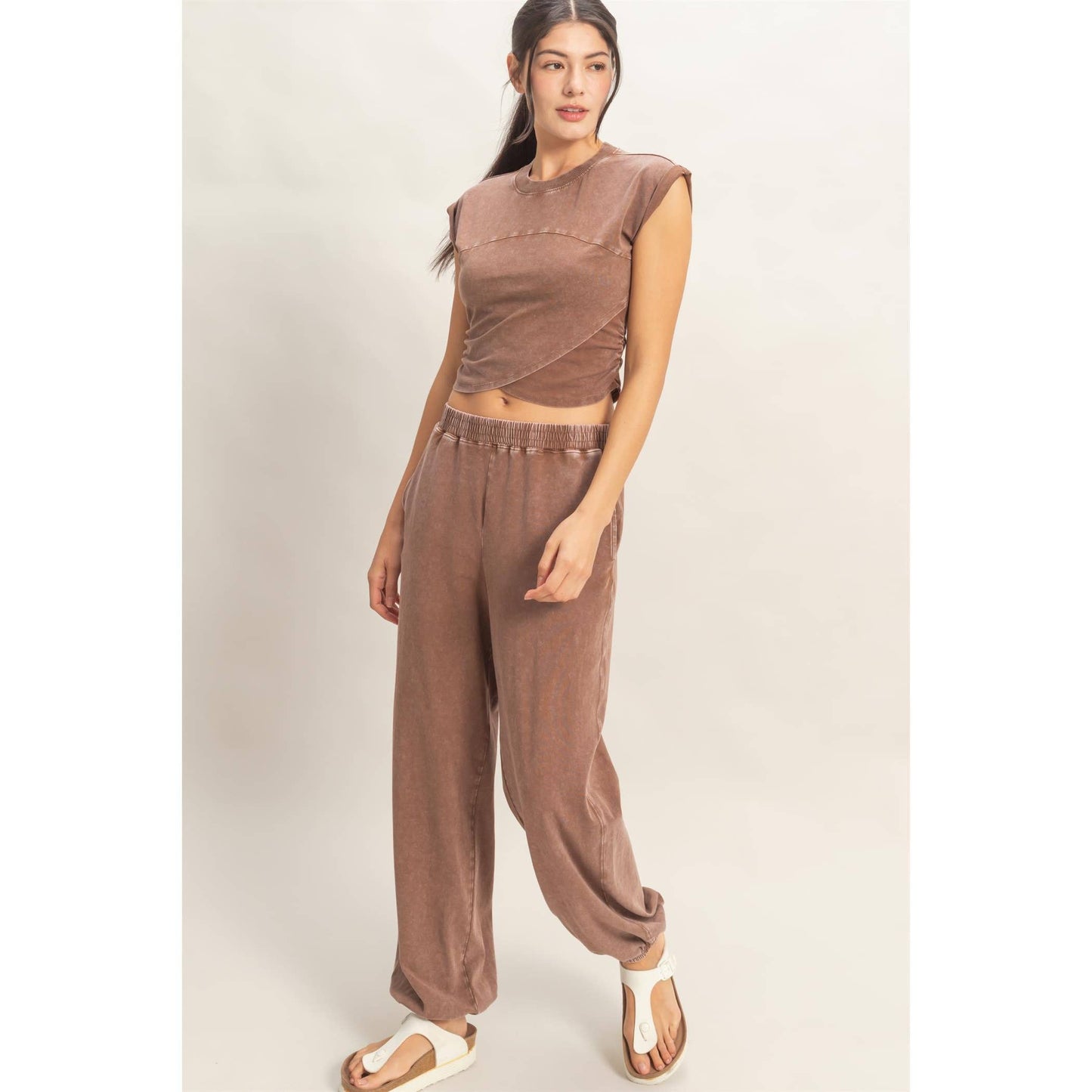 Rolled Sleeve Wrap-Front Crop Top And Jogger Set
