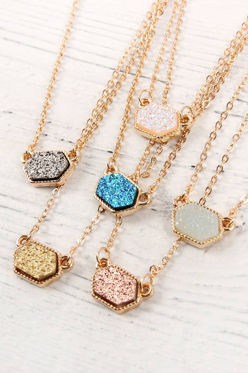 Silver Druzy Hexagon Pendant Necklace Set