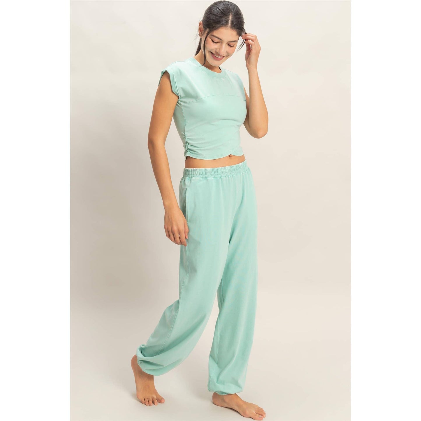 Rolled Sleeve Wrap-Front Crop Top And Jogger Set