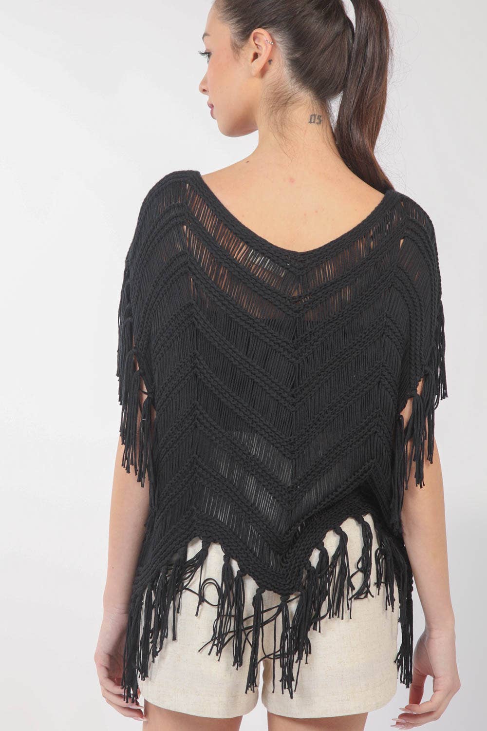 12W3006N-Fringe Detail Oversized Sweater Top