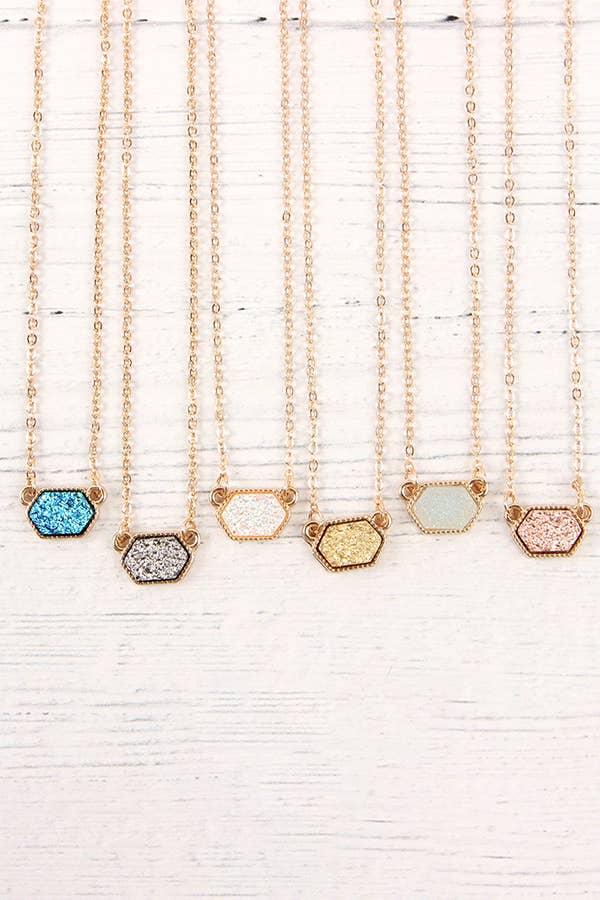 Silver Druzy Hexagon Pendant Necklace Set