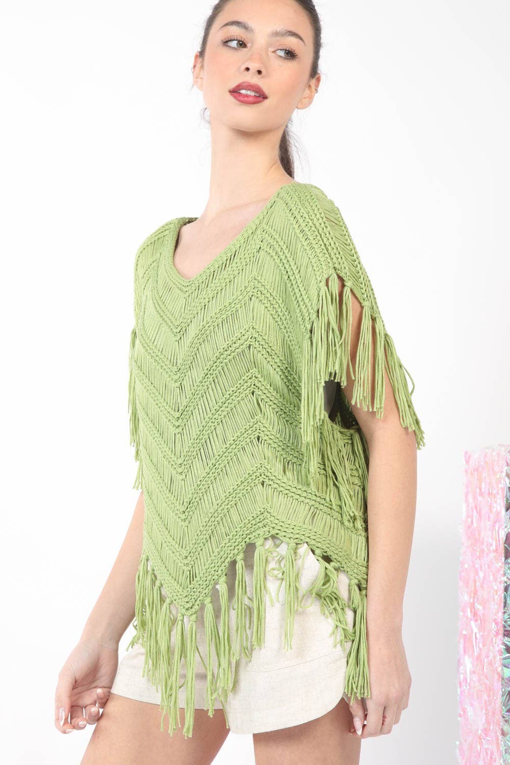 12W3006N-Fringe Detail Oversized Sweater Top