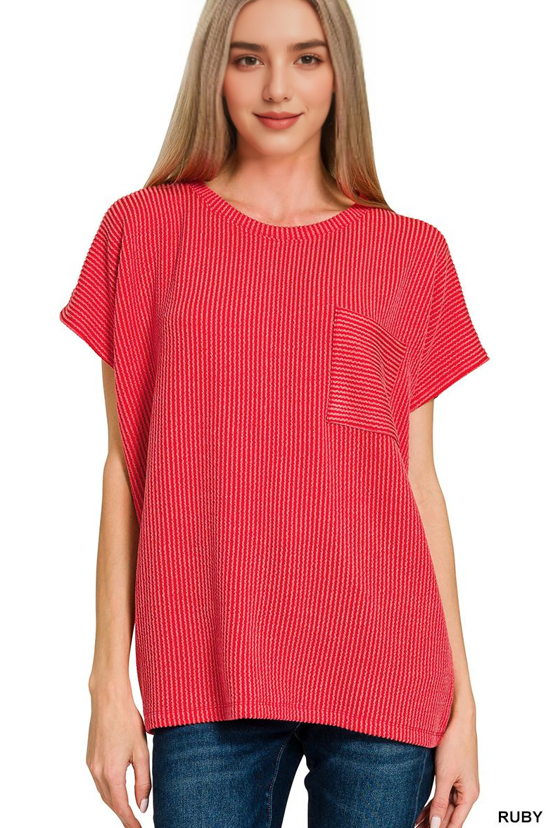 `Raised Rib Front Pocket Boxy Top Zenana
