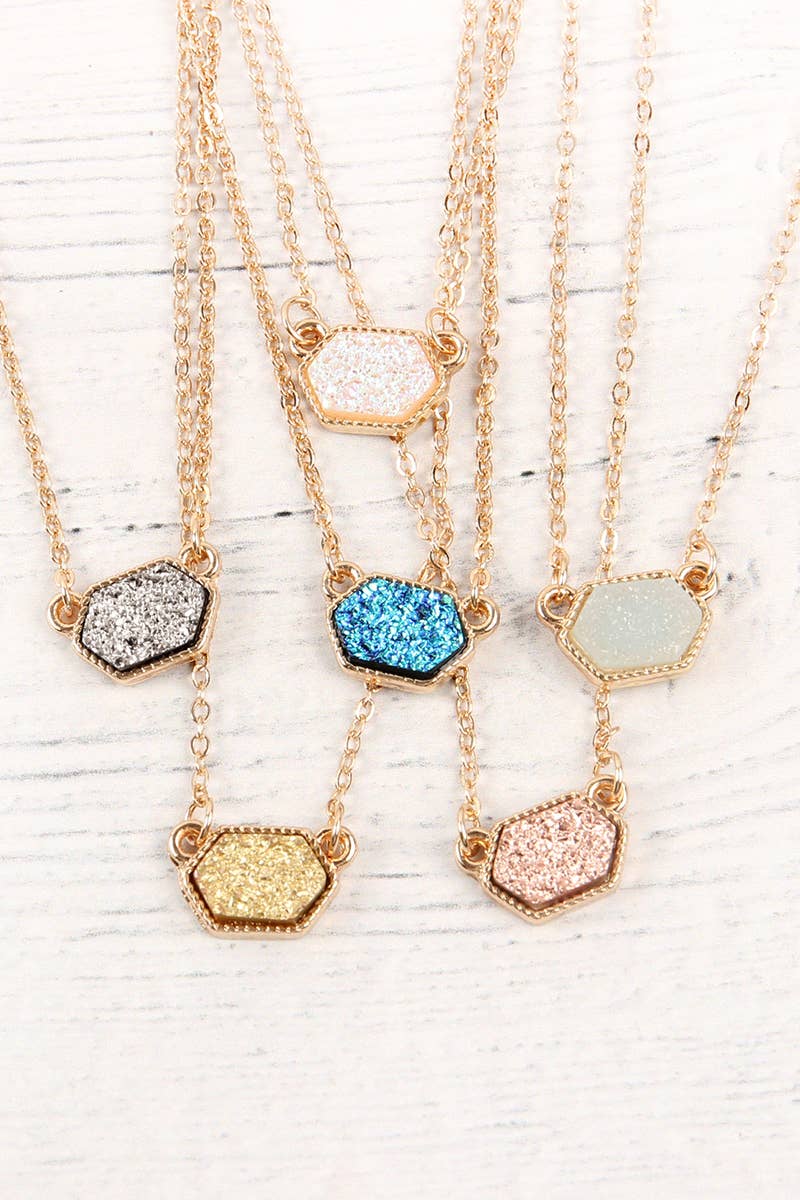 Silver Druzy Hexagon Pendant Necklace Set