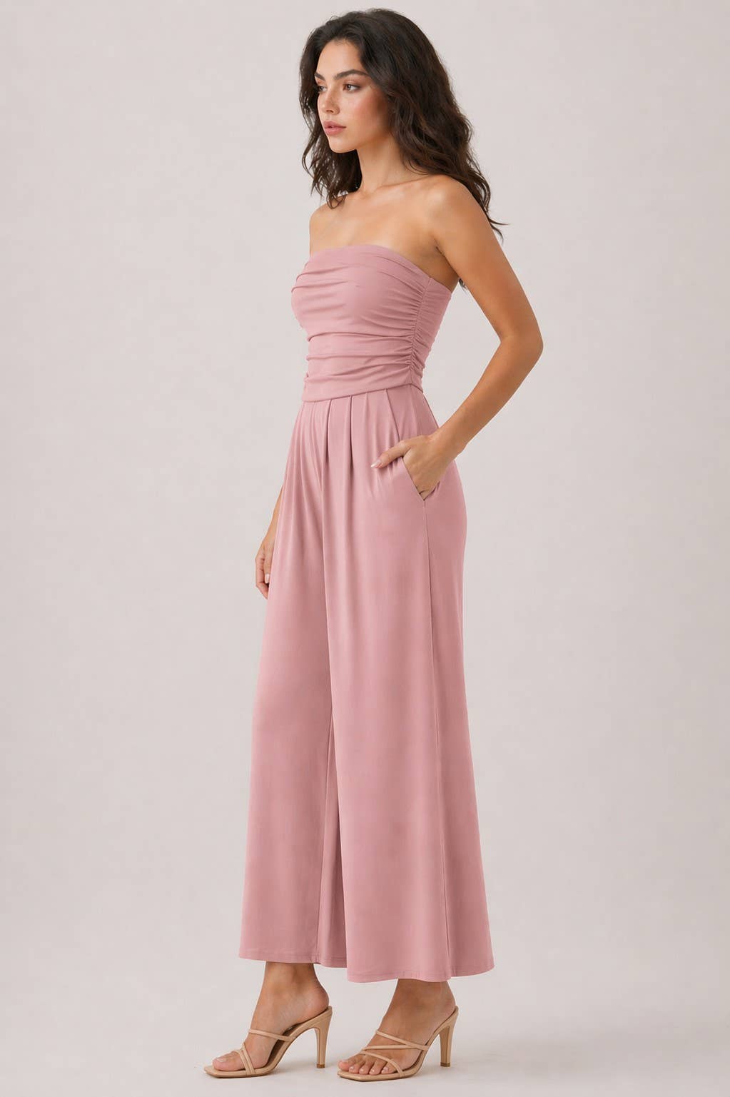 JR16435F - TUBE TOP W/SHIRRING PALAZZO ROMPER