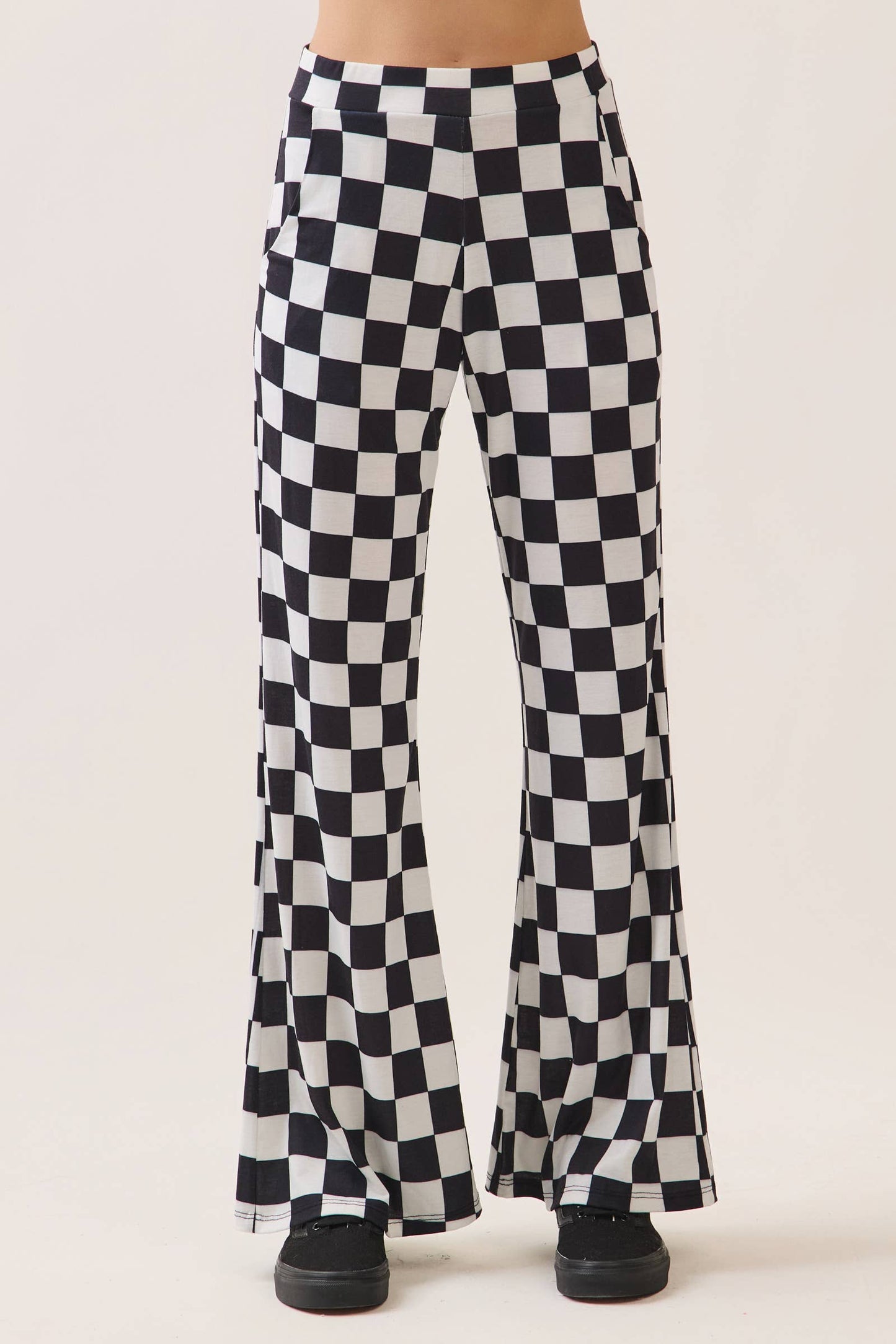 White and Black Checkered Flared Pants
