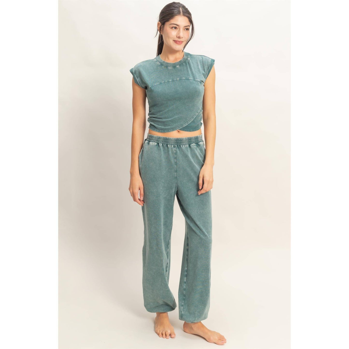 Rolled Sleeve Wrap-Front Crop Top And Jogger Set
